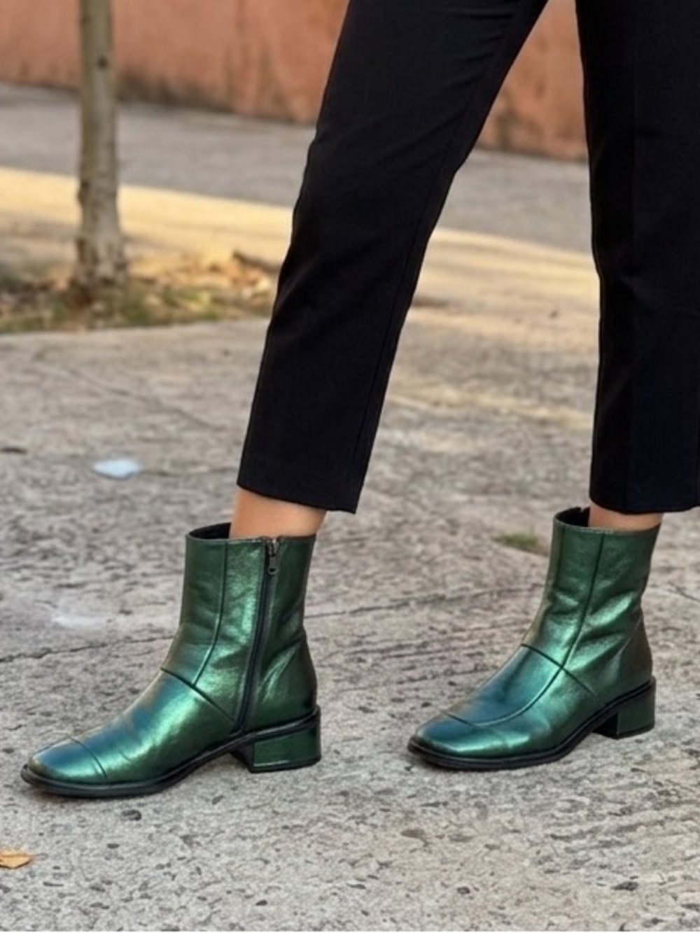 L-Intervalle Metallic Emerald‎ Green Stitched Ankle Boots Low Block Heel Zipper